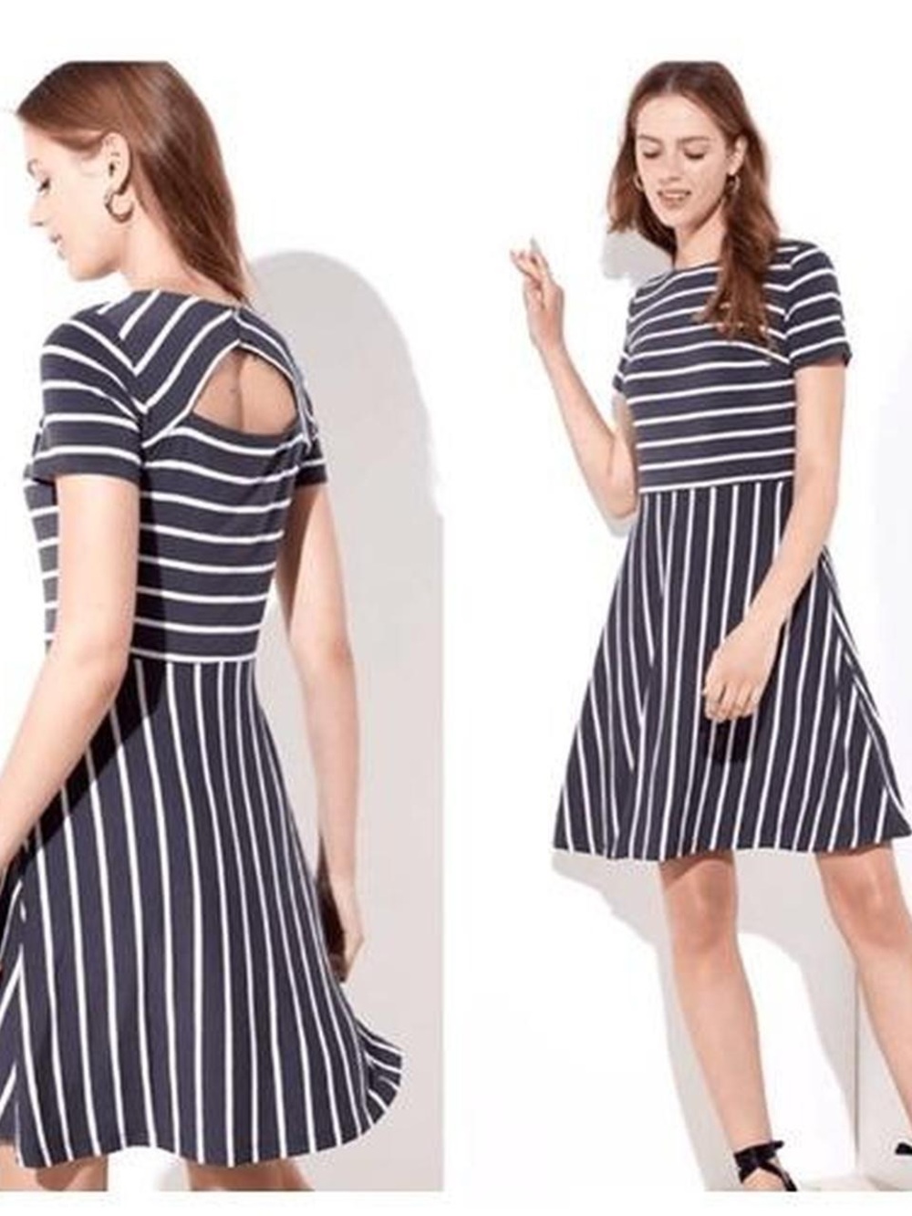 LOFT Navy and White Striped Short-Sleeve Fit-and-Flare Dress